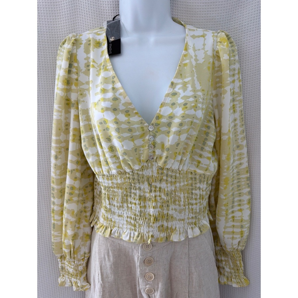 Lucy Paris Yellow White Abstract Tie Dye Smocked Waist V-Neck Blouse medium NWT